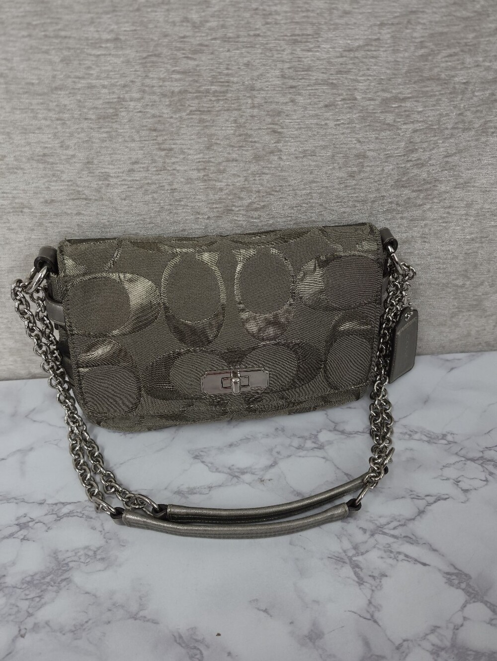 Coach Signature Canvas Jacquard Shoulder Bag in Metallic Pewter Chain Straps - Picture 8 of 16